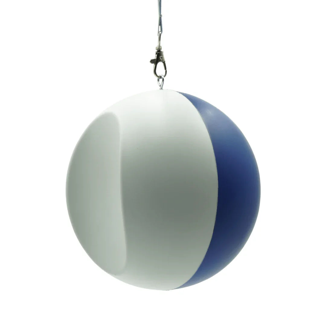 Blue and white hanging golf swing training aid ball with indentation for compression practice