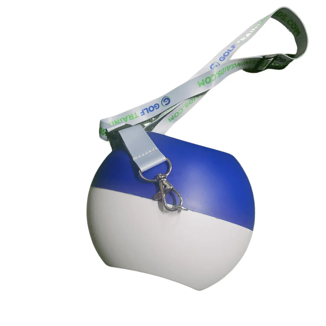 Blue and white compression ball golf swing training aid with lanyard and metal clasp