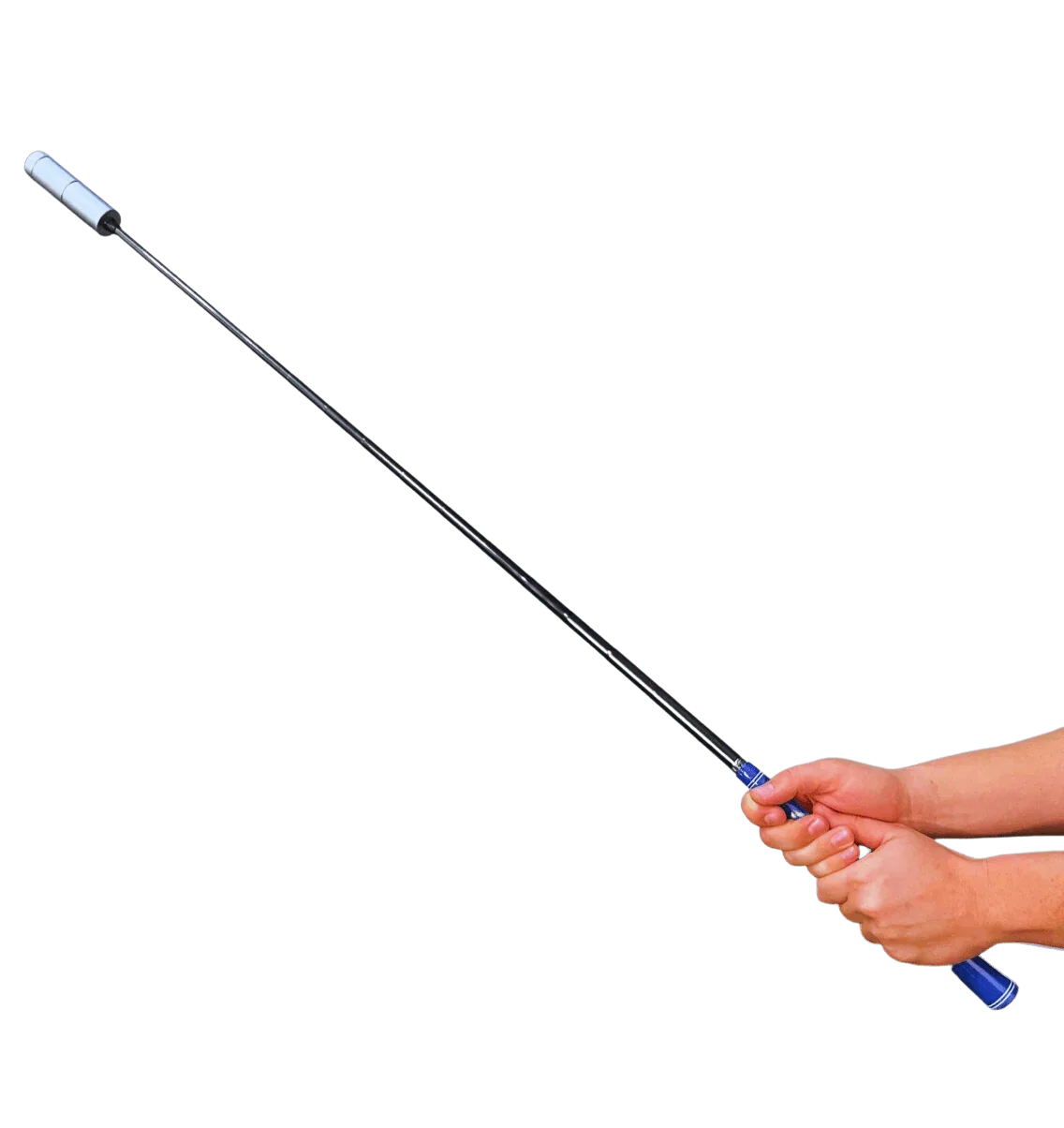 Hands holding a black and blue golf training aid called The Distance Builder