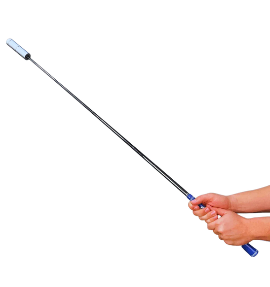 Hands holding a black and blue golf training aid called The Distance Builder