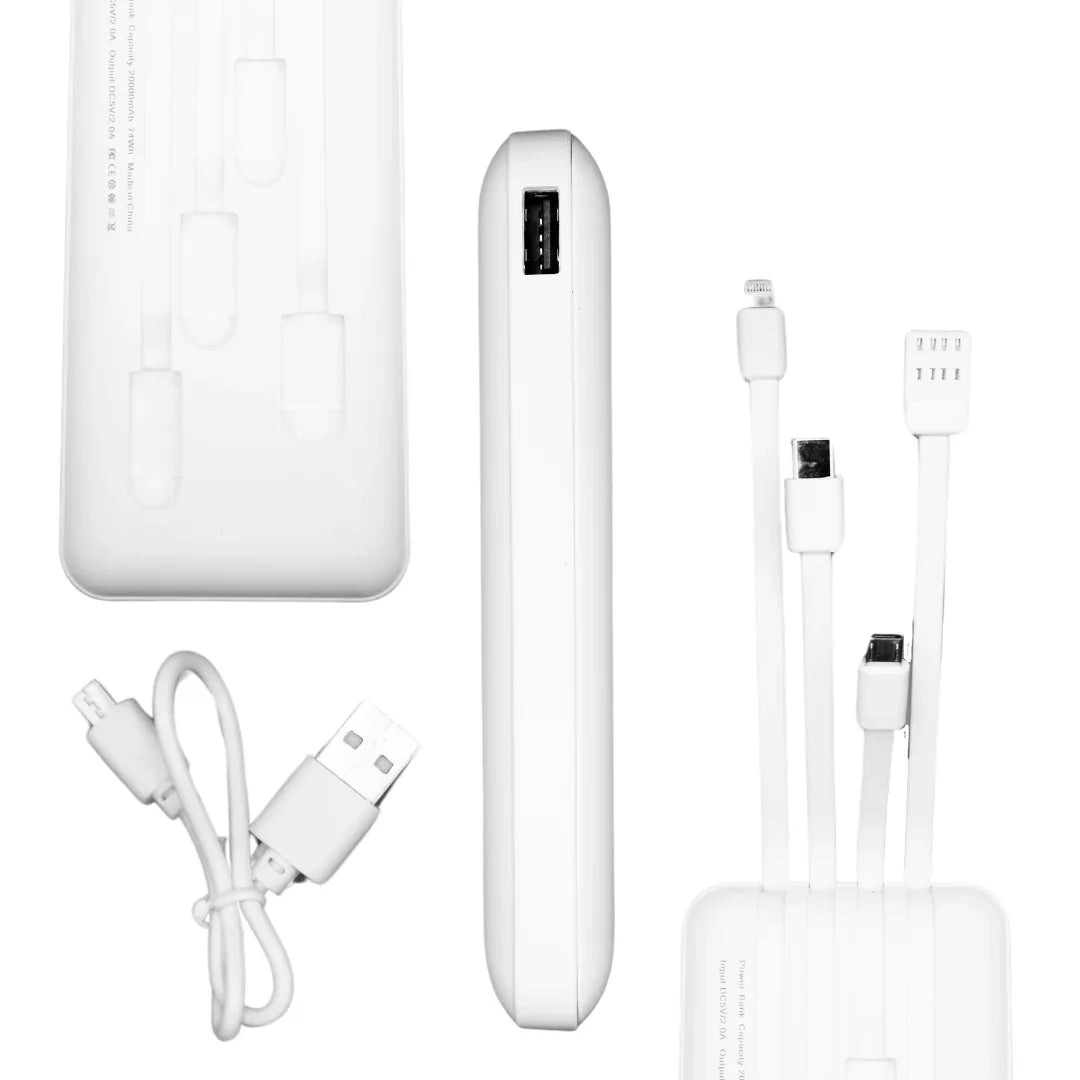 White portable power bank with USB port and multiple charging cables on white background