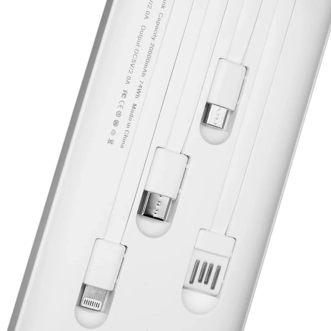 White multi-device charging cables with Lightning, USB-C, micro-USB connectors in white plastic case