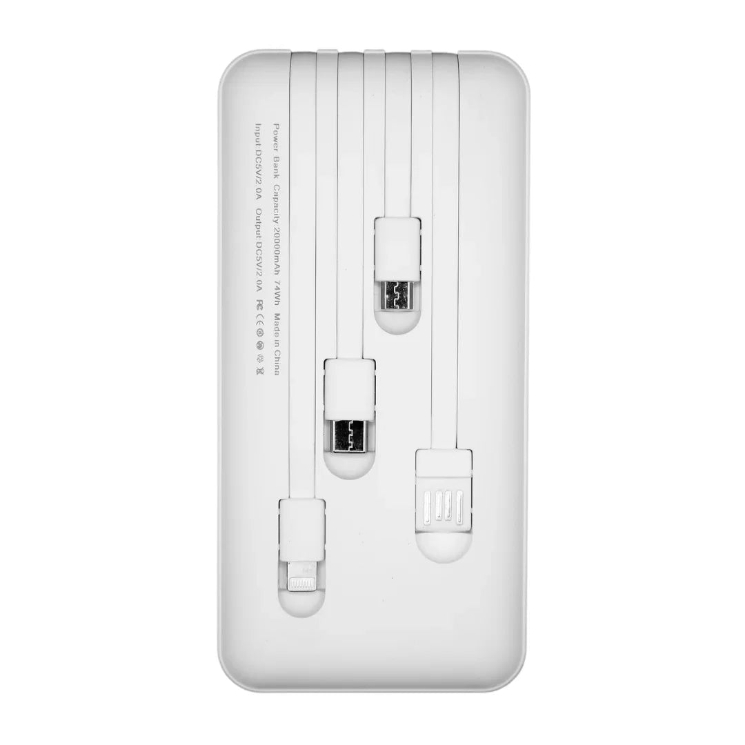White power bank with 20000mAh capacity featuring built-in multi USB charging cables