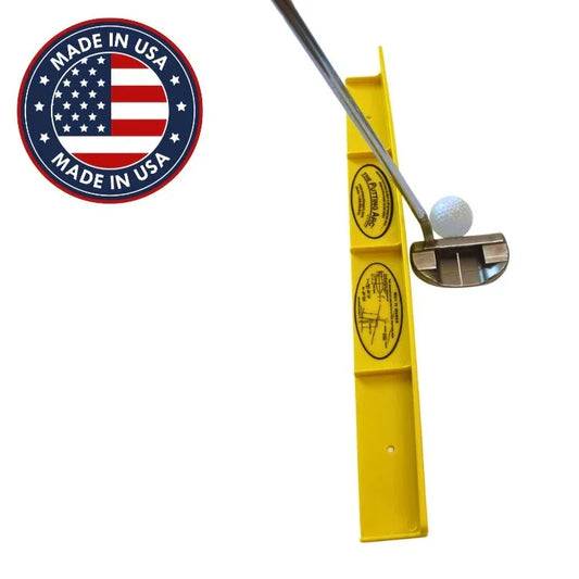 Yellow Putting Arc golf training aid with putter and golf ball, made in USA badge