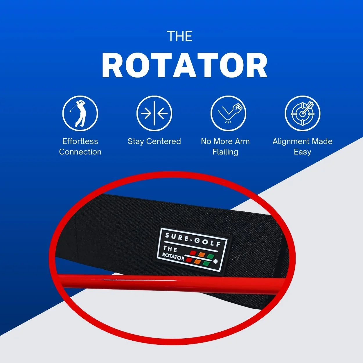 Sure-Golf The Rotator golf training aid featuring arm position and alignment benefits on blue background
