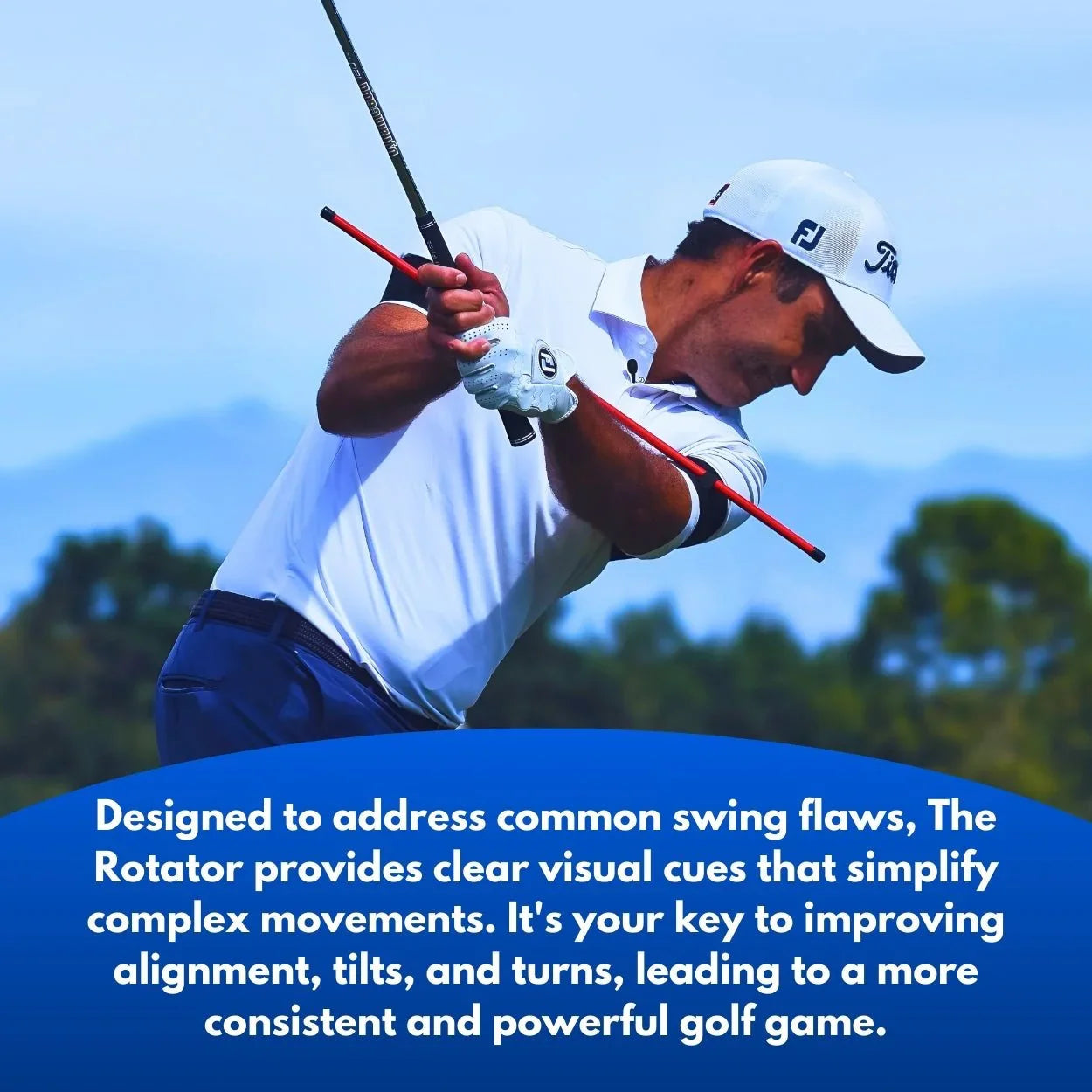 Golfer using The Rotator training aid to improve golf swing alignment and power outdoors