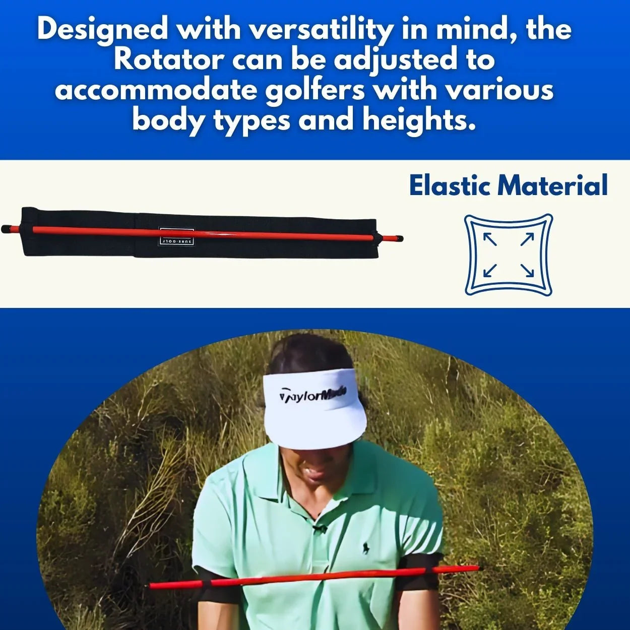 Golf swing training tool The Rotator with elastic material shown on man wearing TaylorMade visor