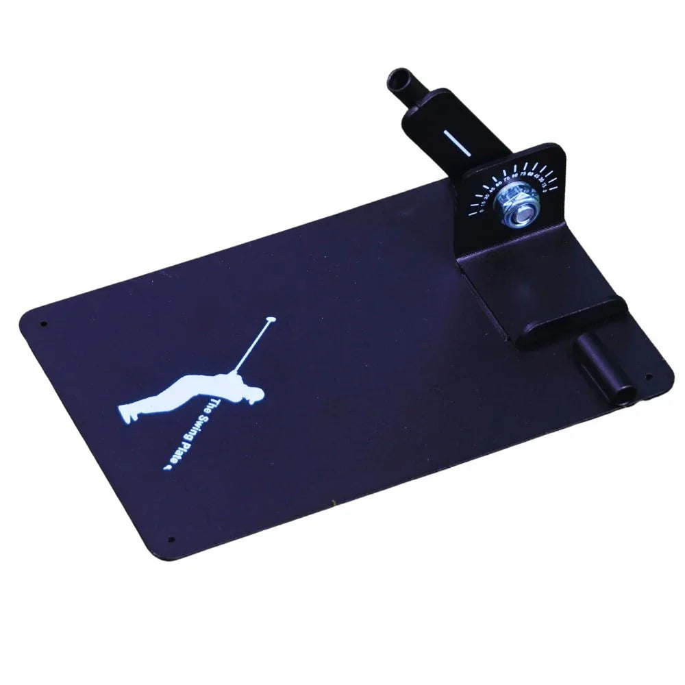 Black metal swing plate base for golf training with adjustable angle dial and golfer silhouette
