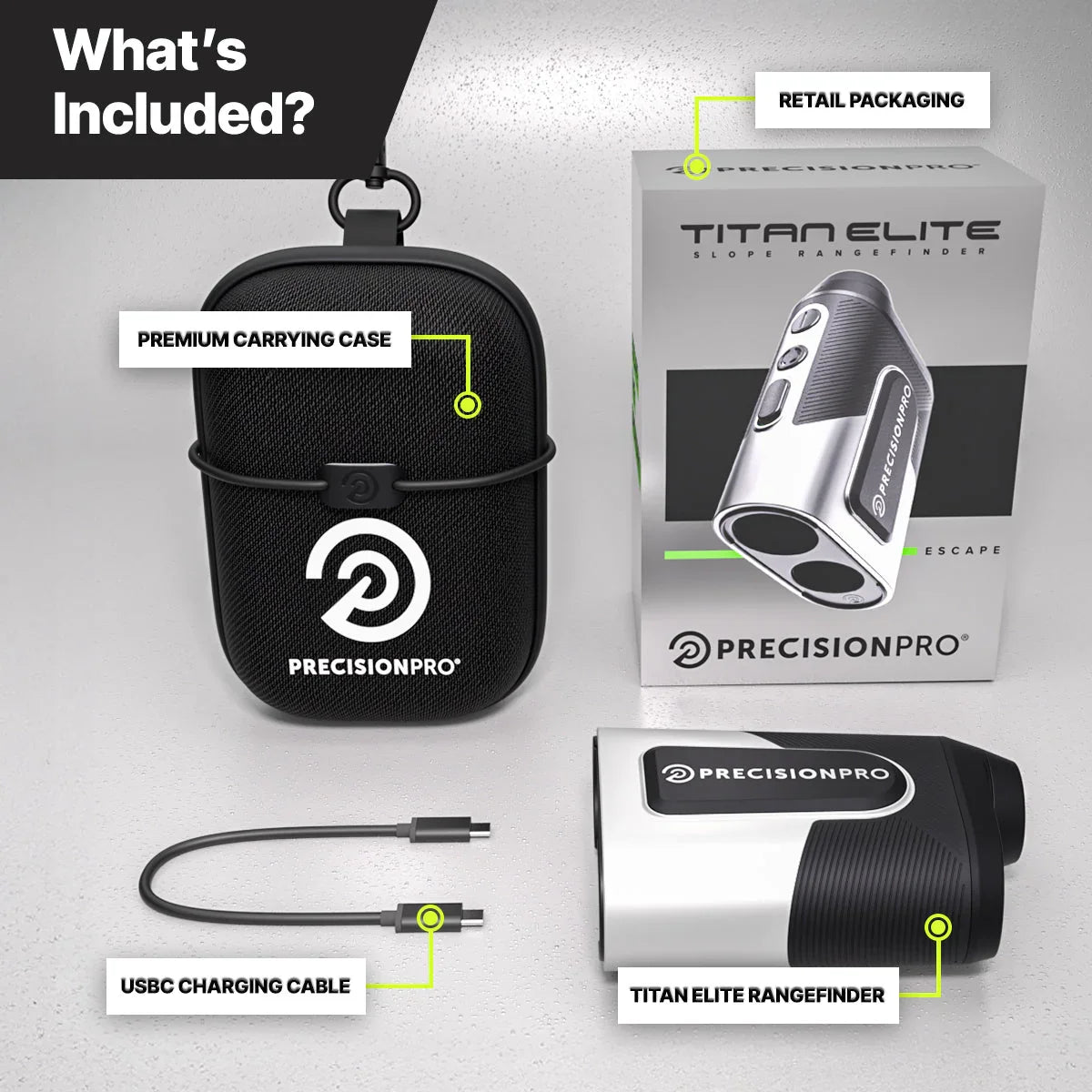 Titan Elite PrecisionPro slope rangefinder with carrying case, retail box, and USB-C charging cable