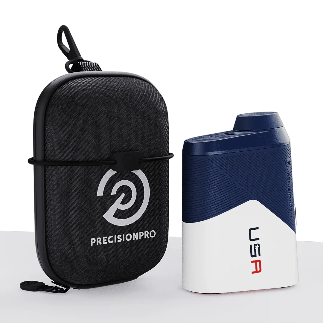Precision Pro Titan Elite rangefinder with black textured carrying case on white surface