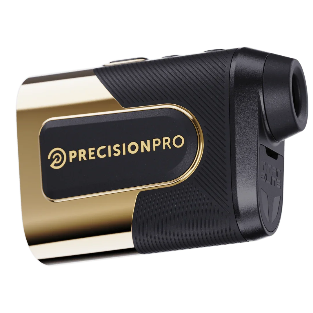 PrecisionPro Titan Elite gold and black golf rangefinder with textured grip and eyepiece