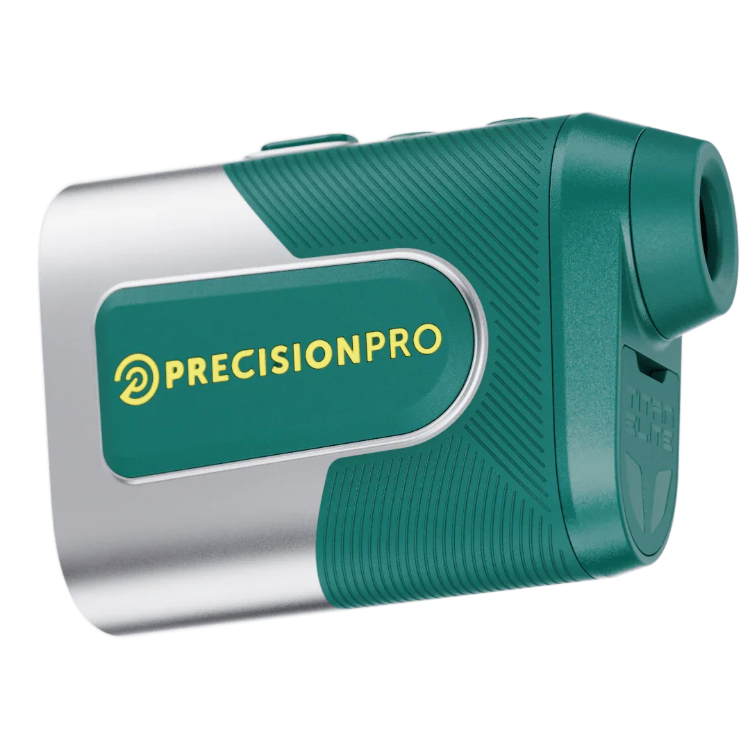 PrecisionPro Titan Elite laser rangefinder in green and silver with textured grip and yellow logo