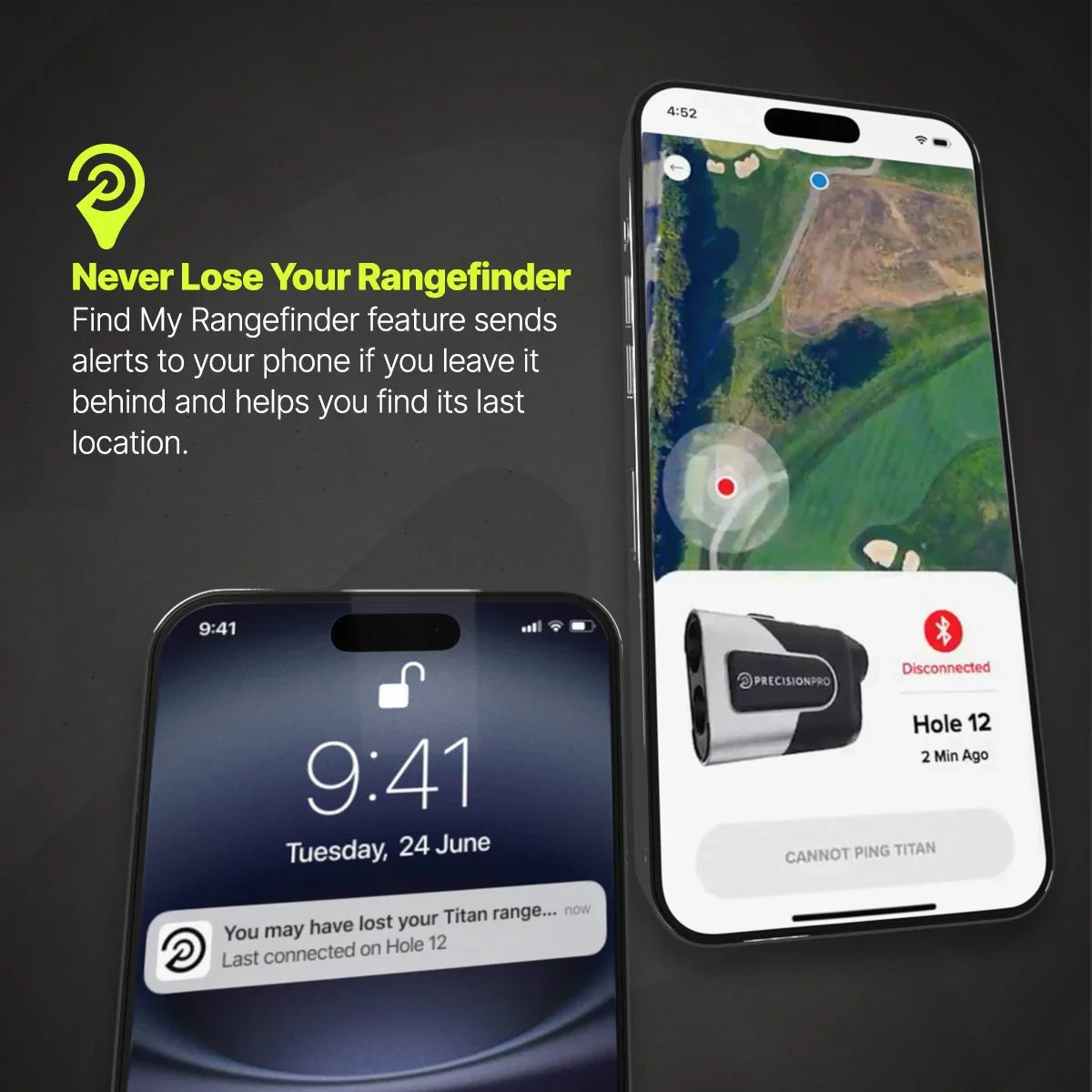 Precision Pro Titan golf rangefinder Find My Rangefinder feature on smartphone with location map and alert notification