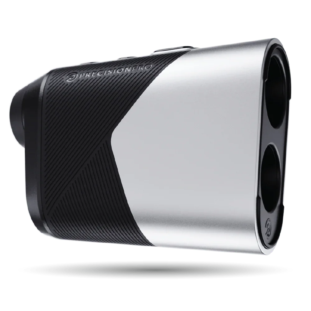 Precision Pro Titan Elite golf rangefinder with black grip and silver body isolated on white