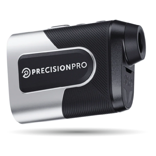 PrecisionPro Titan Elite golf rangefinder with black and silver textured grip, angled view