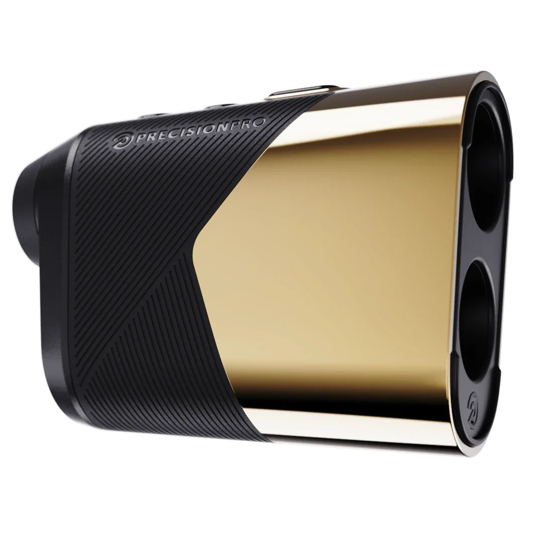PrecisionPro Titan Elite gold and black laser rangefinder with textured grip and dual lenses