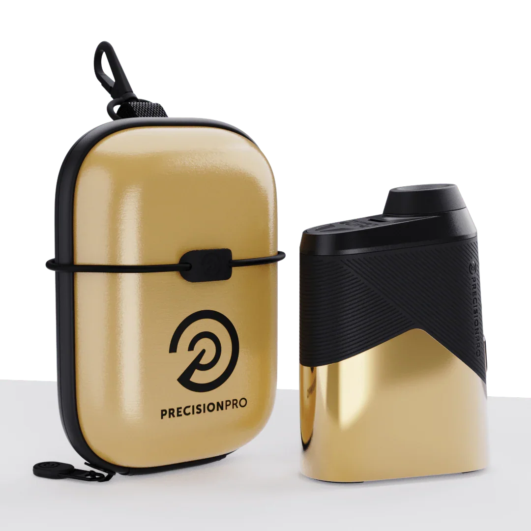 PrecisionPro Titan Elite laser rangefinder with gold finish and matching protective carrying case
