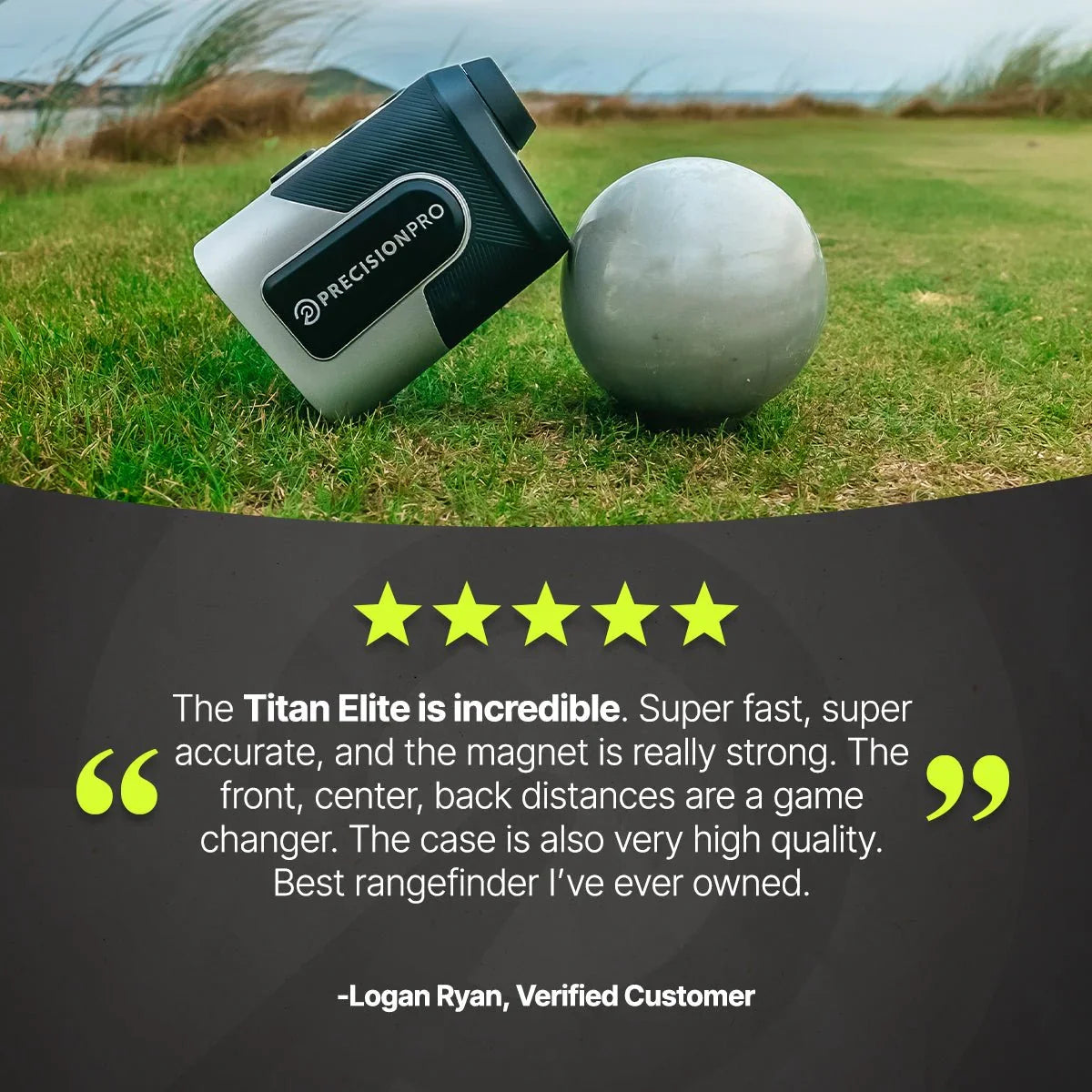 PrecisionPro Titan Elite golf rangefinder on grass next to a golf ball with a customer 5-star review