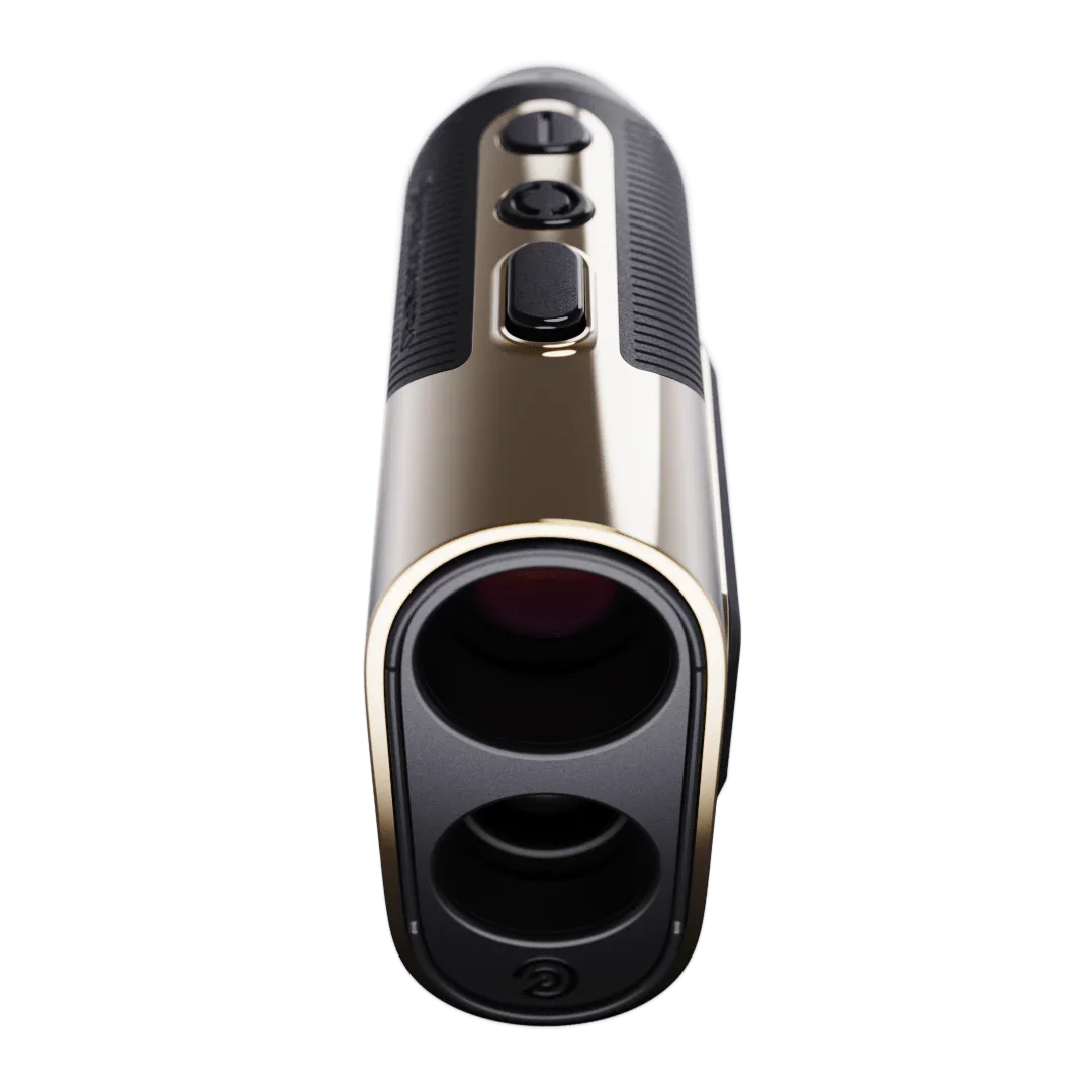 Titan Elite laser rangefinder with gold body and black grip, showing dual lenses and control buttons