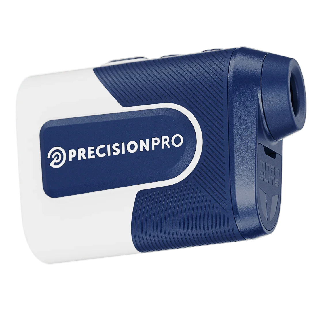 PrecisionPro Titan Elite blue and white handheld golf rangefinder device