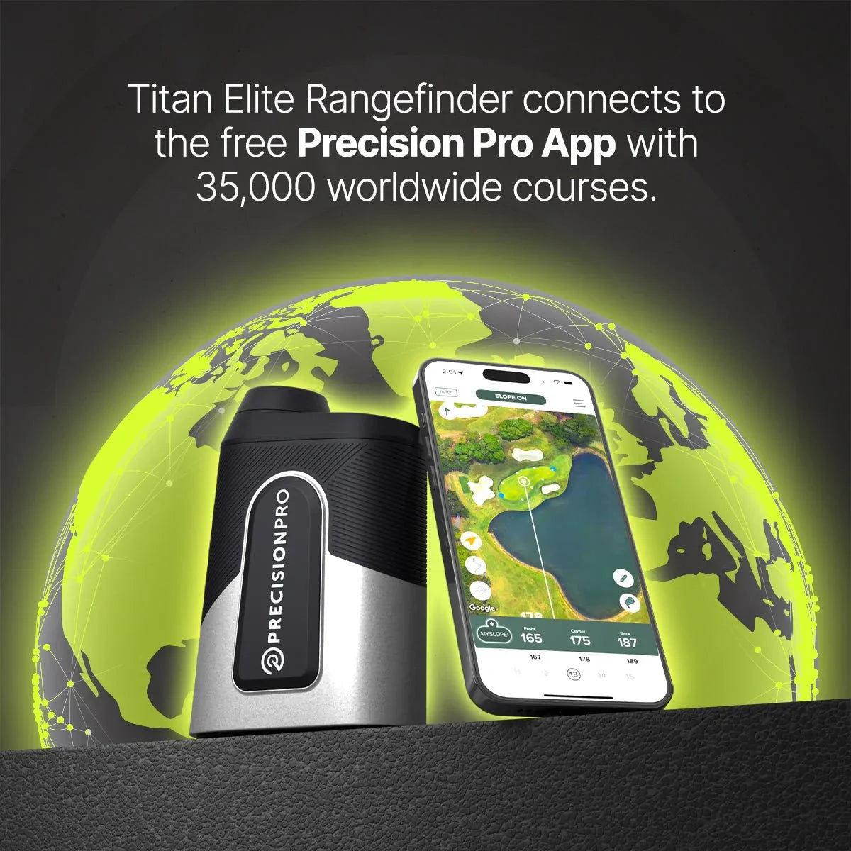 Titan Elite golf rangefinder with smartphone showing Precision Pro App and a glowing world map background