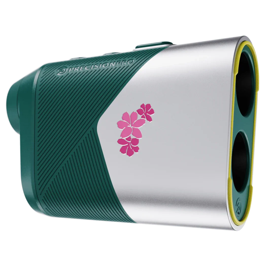 Precision Pro Titan Elite golf rangefinder with green textured grip and pink floral logo