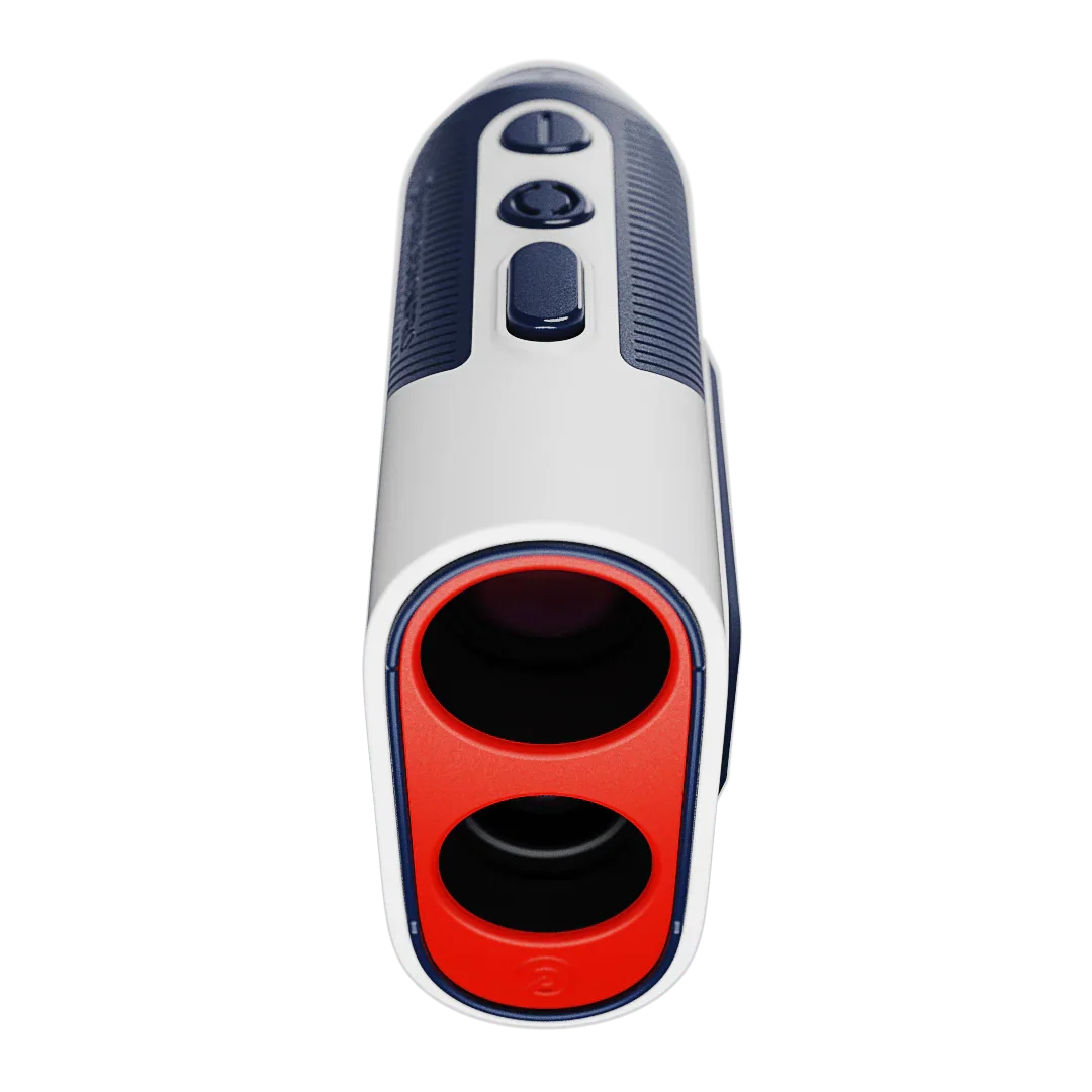 Front view of white and navy Titan Elite rangefinder with red lens accents and control buttons