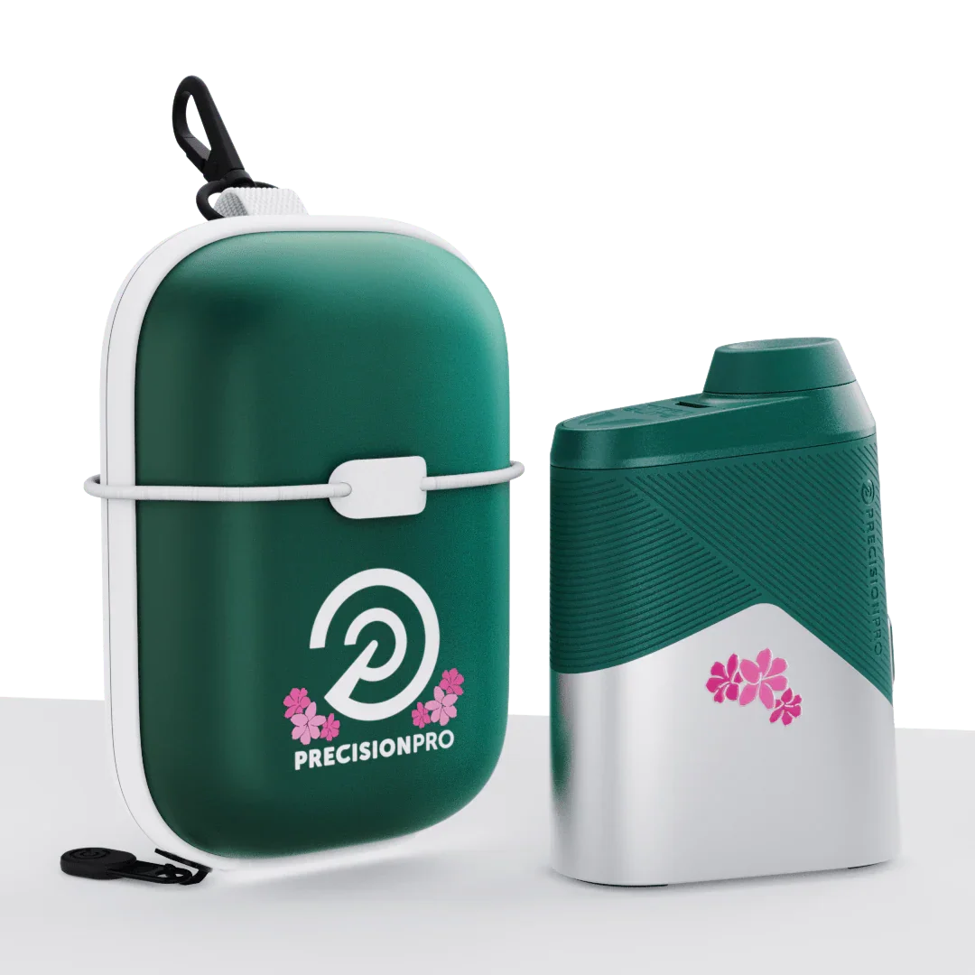 Precision Pro Titan Elite golf rangefinder with protective green and white carrying case featuring pink floral design
