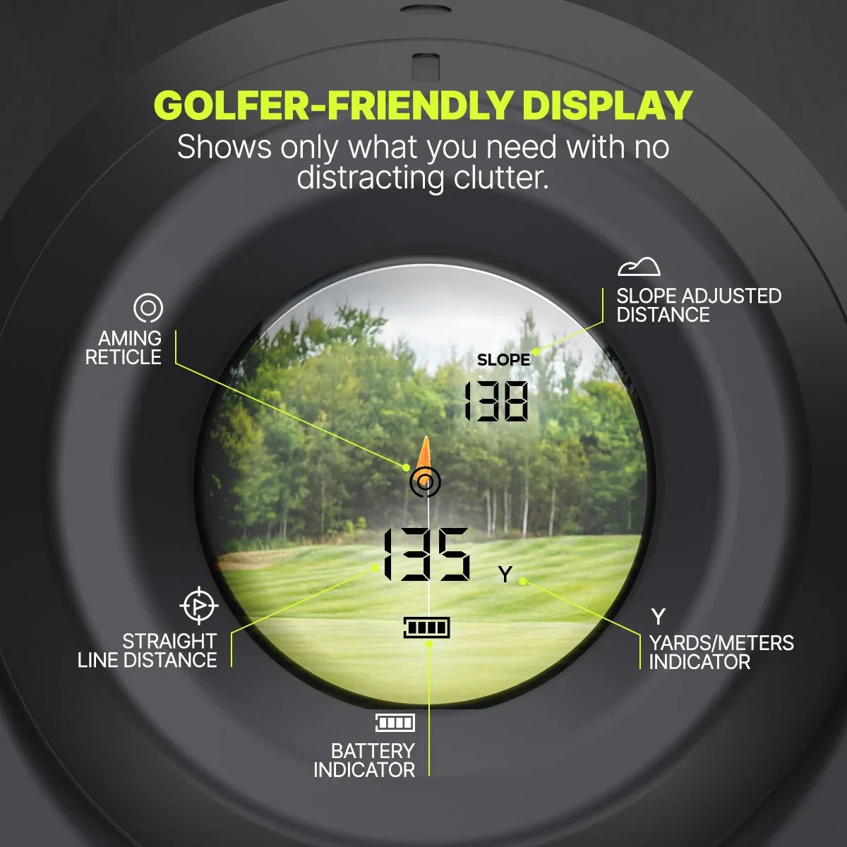 Golf rangefinder display showing slope adjusted distance, straight line distance, aiming reticle, and battery indicator