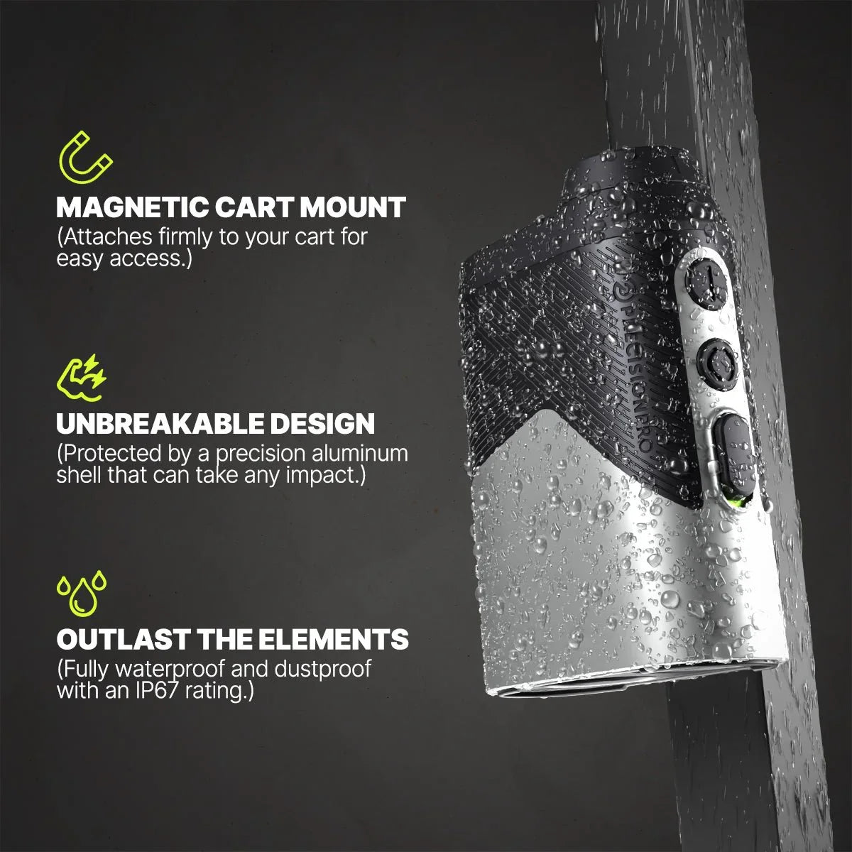 Precision aluminum rangefinder with magnetic cart mount, unbreakable design, waterproof and dustproof IP67 rating