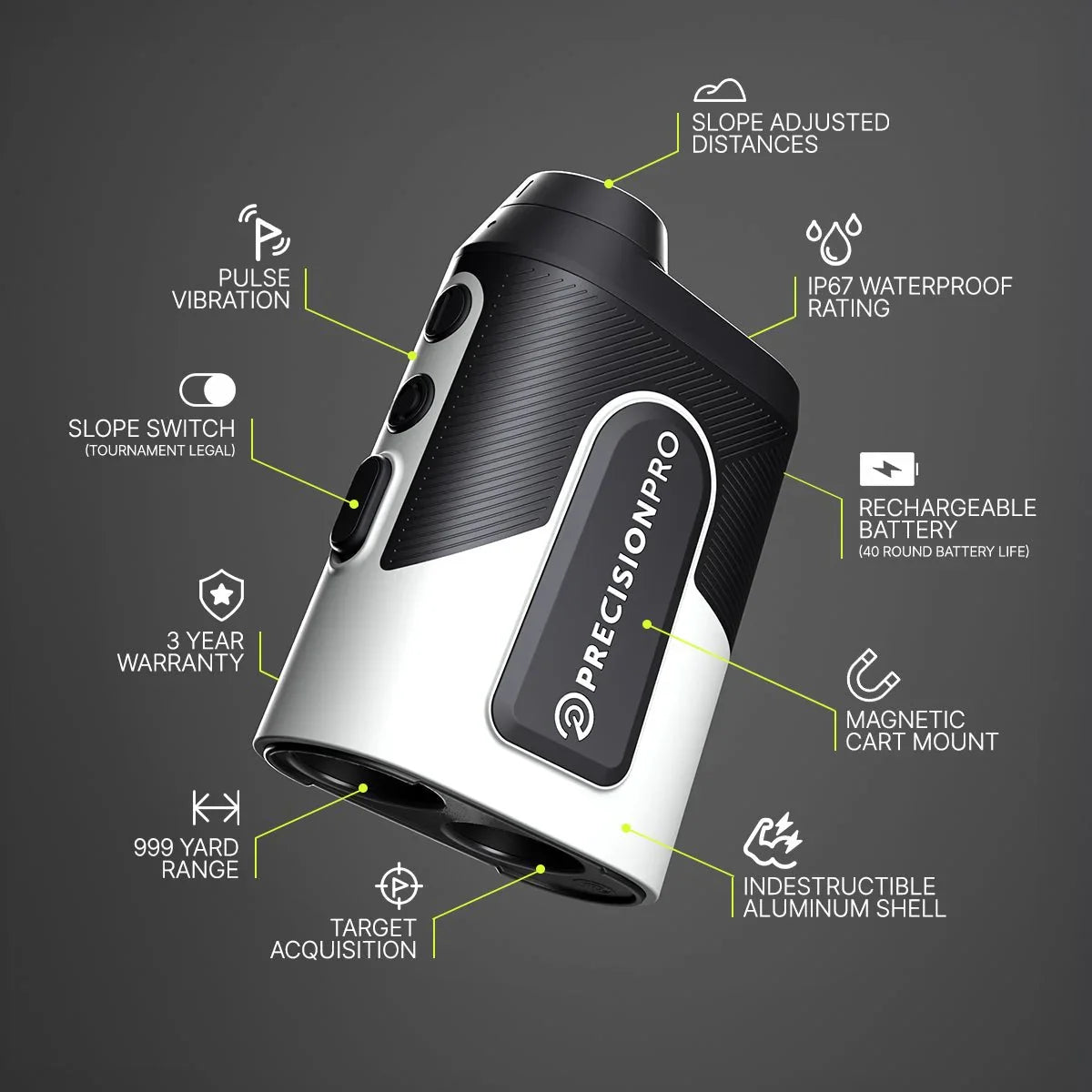 Precision Pro golf rangefinder with slope adjustment, waterproof, rechargeable battery, and magnetic cart mount