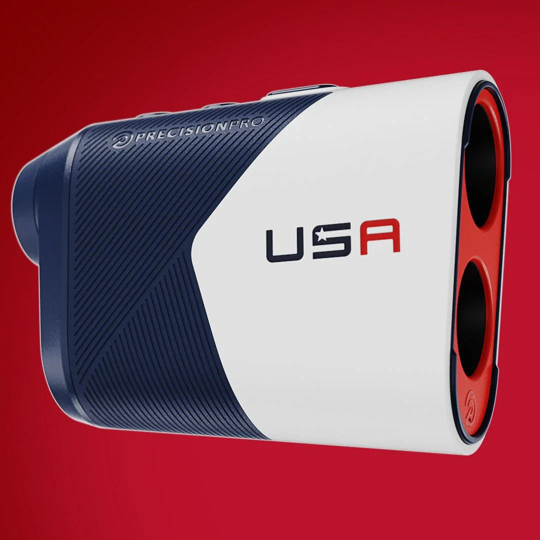 PrecisionPro USA branded golf rangefinder in blue, white, and red on a red background