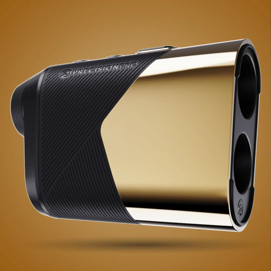 Precision Pro Titan Slope rangefinder with black and gold body on brown background