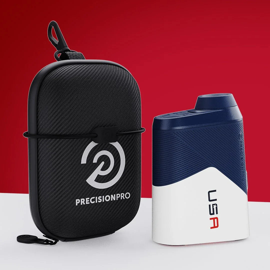 PrecisionPro USA Titan Slope Rangefinder with black carrying case on red and white background