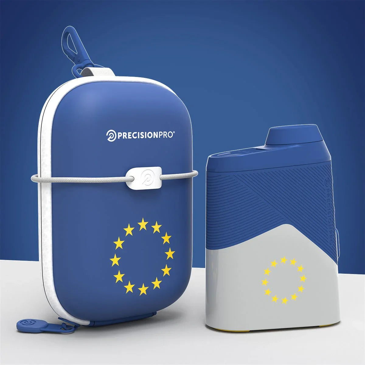 PrecisionPro blue and white golf rangefinder and matching carrying case with European Union star circle design