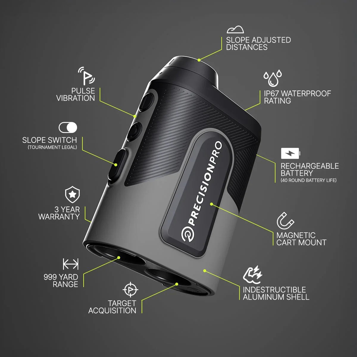 Precision Pro Titan Slope Rangefinder with features like 999 yard range, waterproof, rechargeable battery