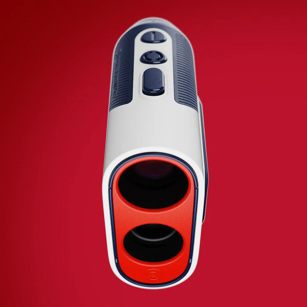 Compact white and navy Titan Slope laser rangefinder with red lens opening on red background