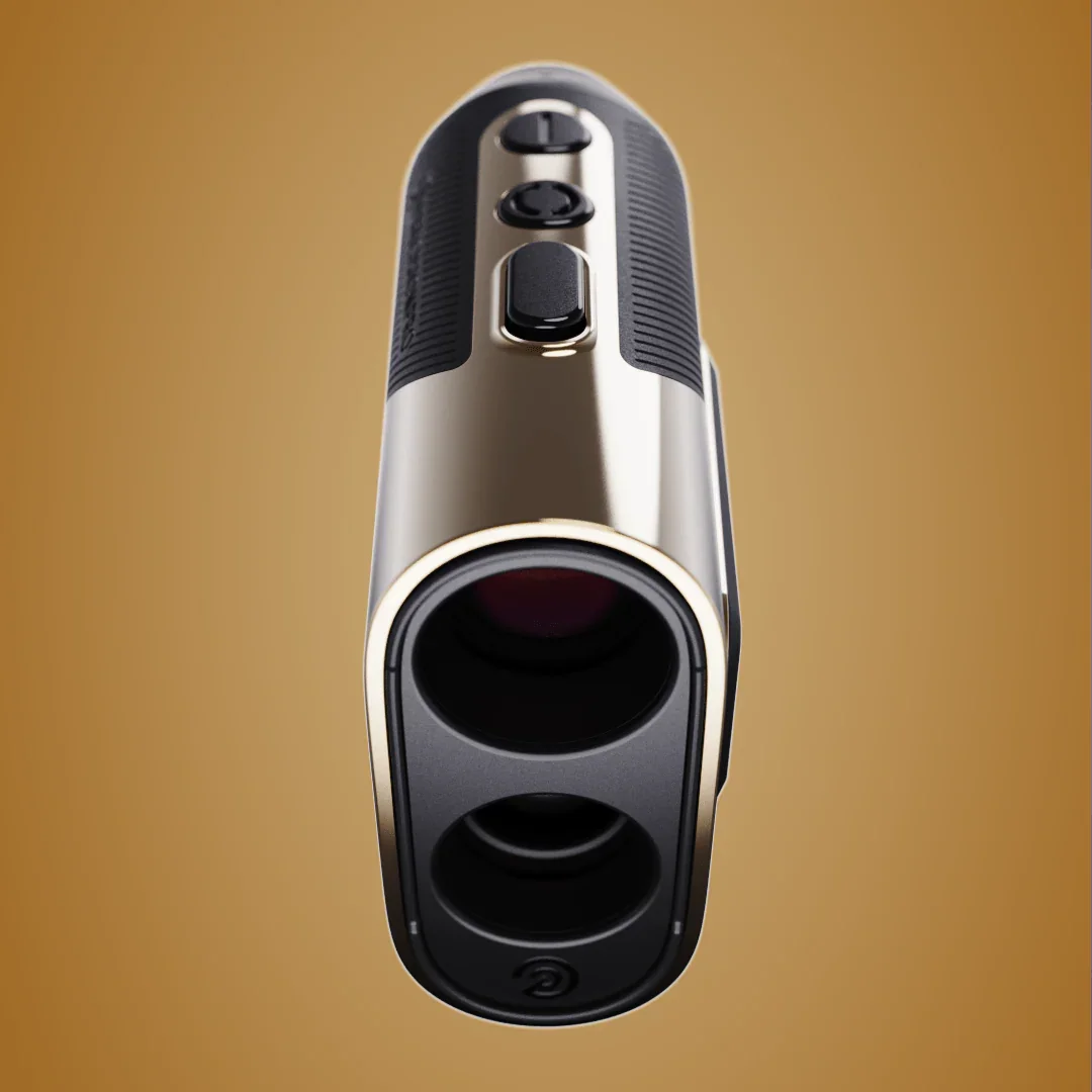 Close-up of Titan Slope Rangefinder with gold and black body and buttons on top