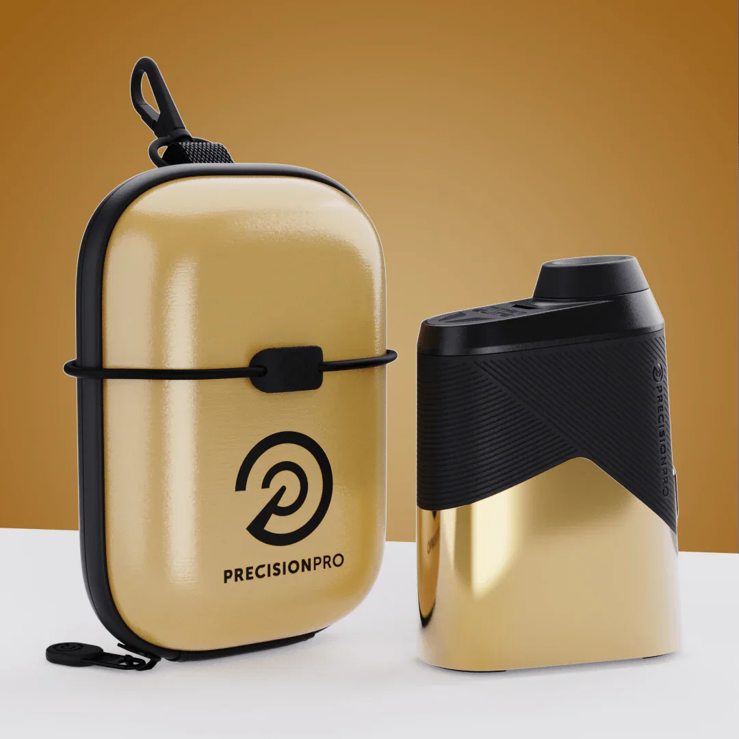 Precision Pro gold and black Titan Slope rangefinder with matching carrying case on white surface