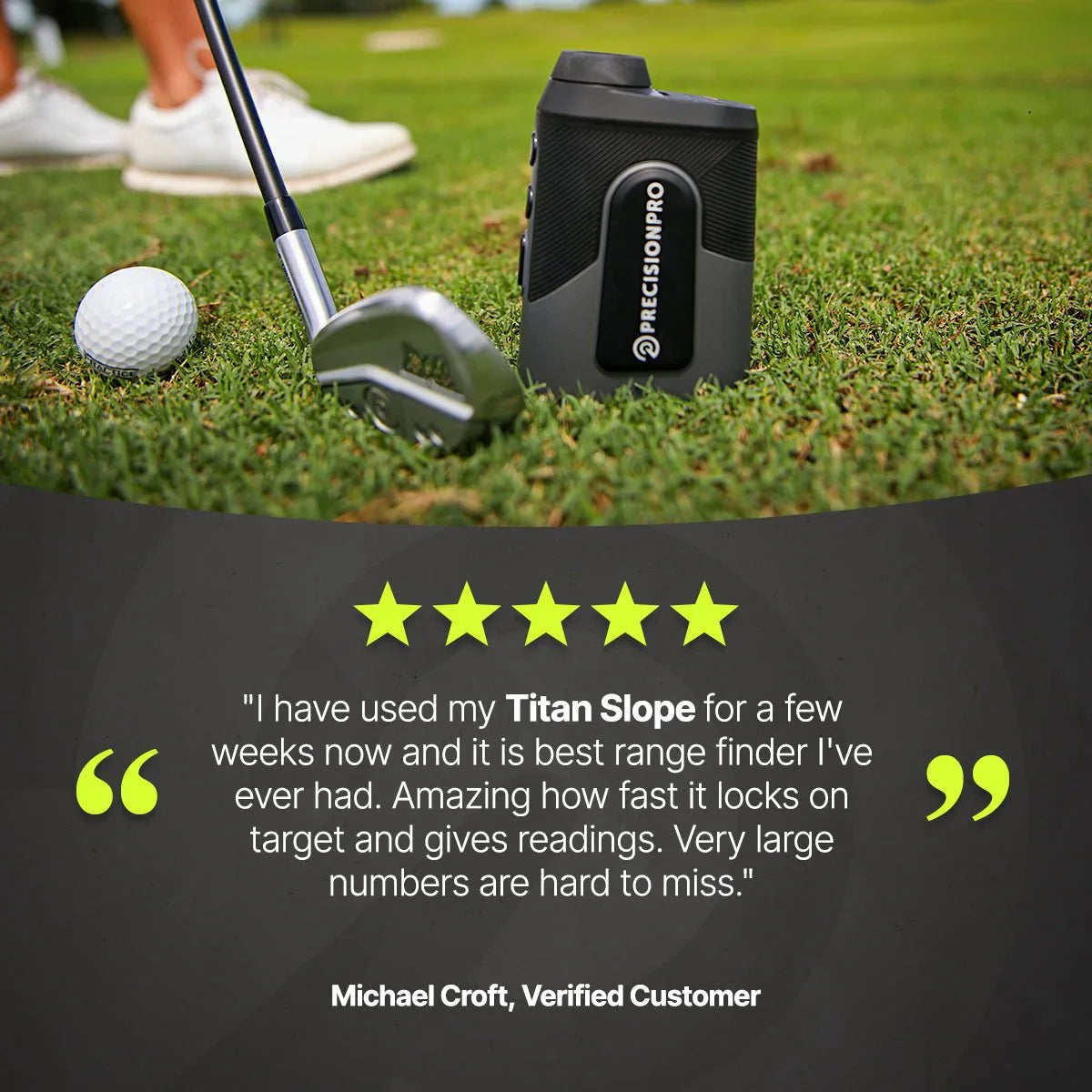 PrecisionPro Titan Slope golf rangefinder on grass near golf club and ball with golfer's shoes
