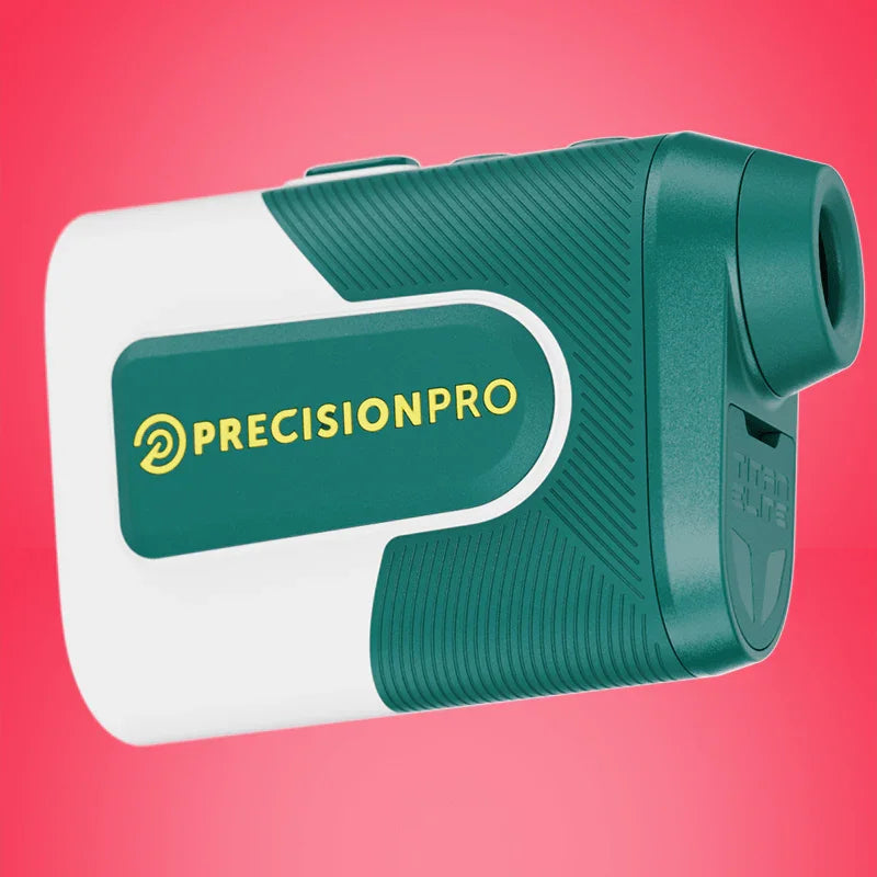 PrecisionPro Titan Elite slope rangefinder in green and white with textured grip on pink background