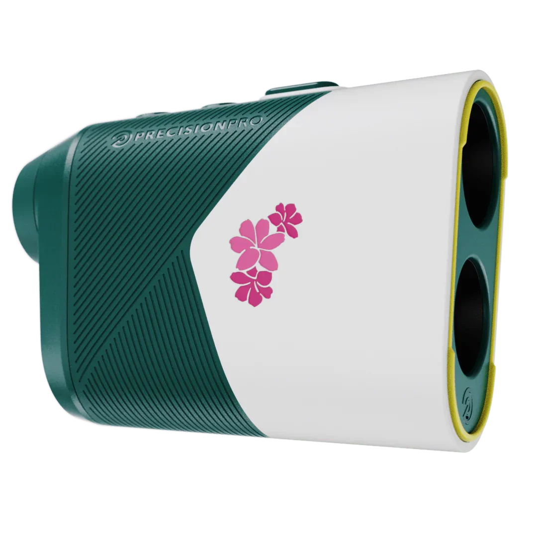 PrecisionPro Titan slope golf rangefinder in white and green with pink floral design