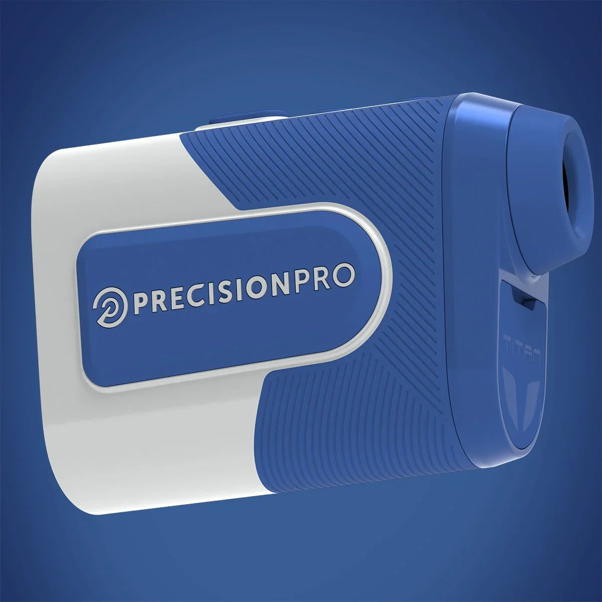 Blue and white PrecisionPro Titan slope rangefinder with textured grip on blue background