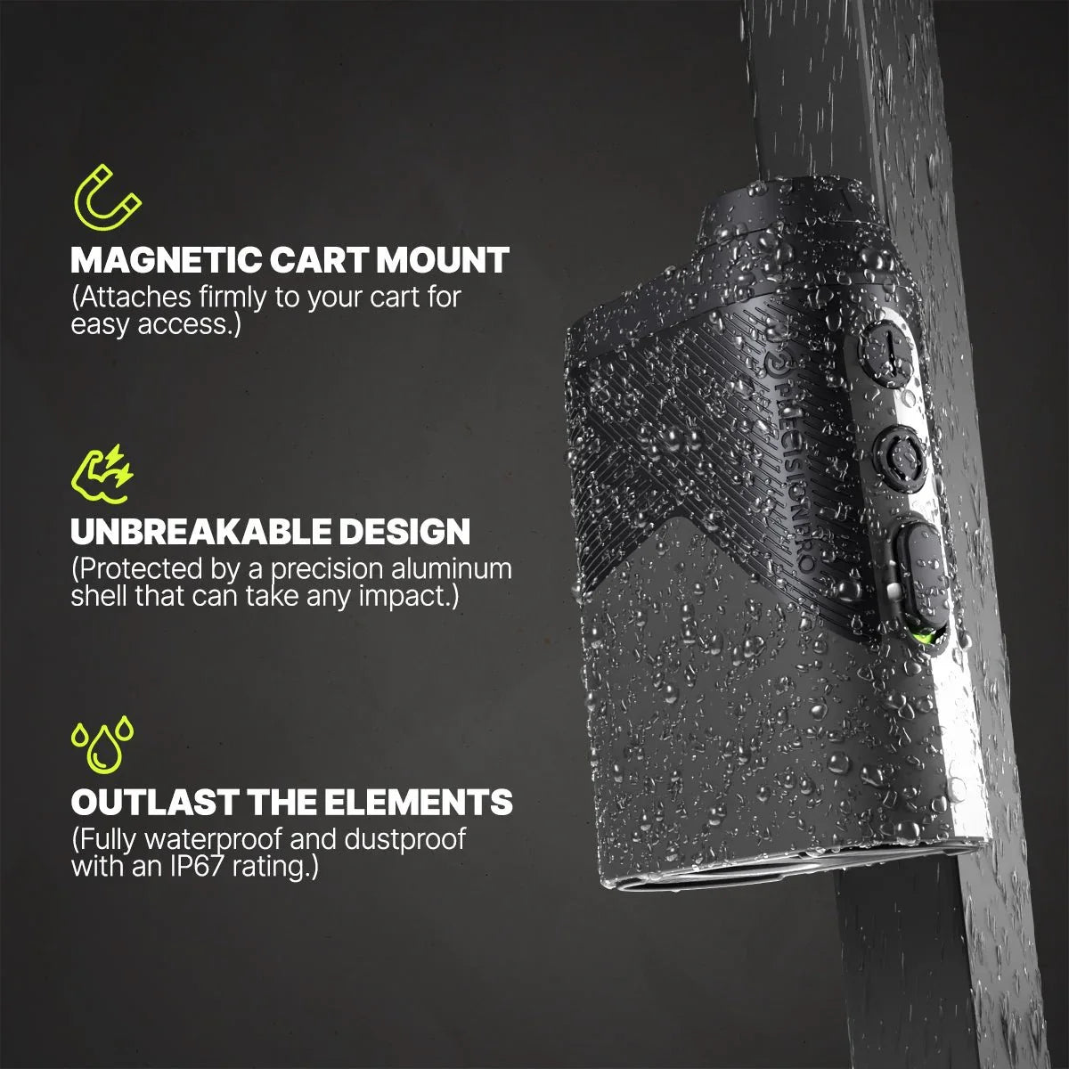 Waterproof Precision Pro rangefinder with magnetic cart mount and unbreakable aluminum design