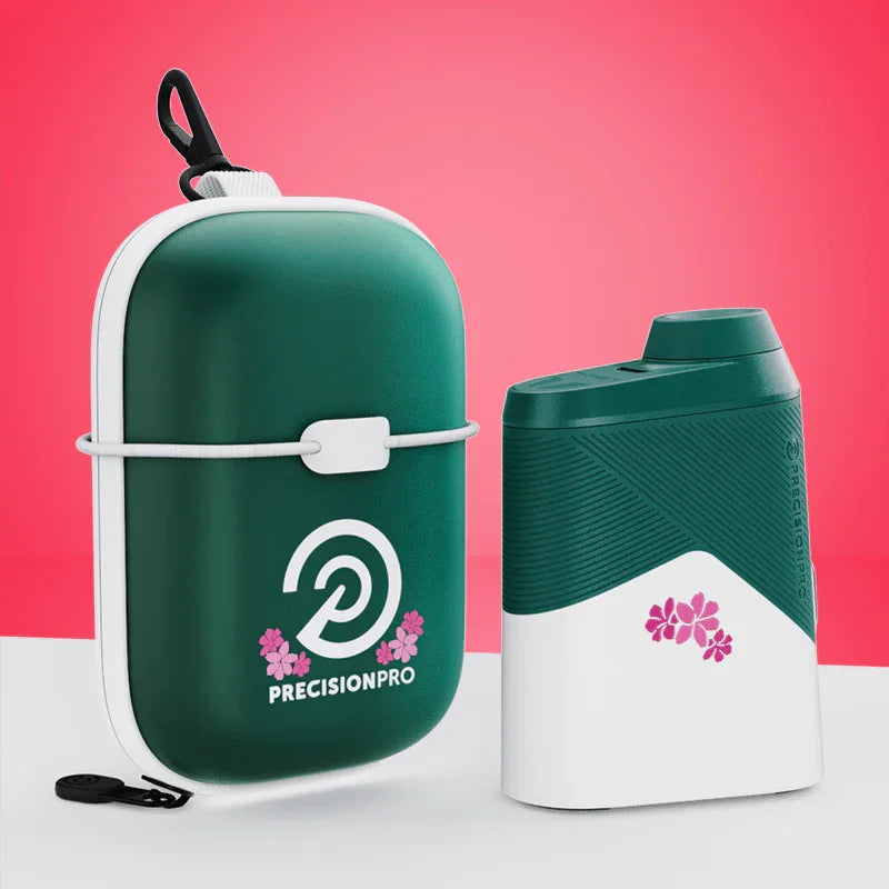 PrecisionPro green and white golf rangefinder with floral design and matching green carrying case