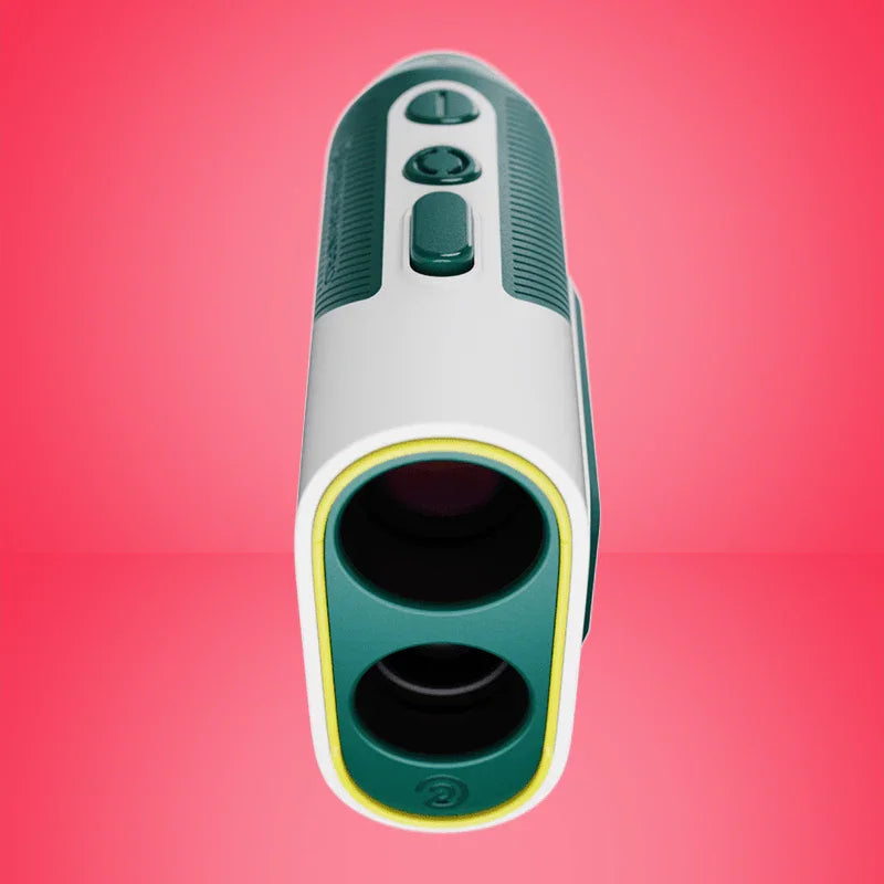 Compact white and green Titan Slope Rangefinder with dual lenses and buttons on top against pink background