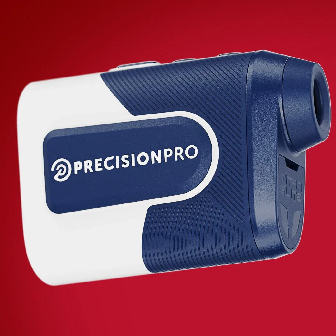 Precision Pro Titan slope rangefinder with blue and white body on red background