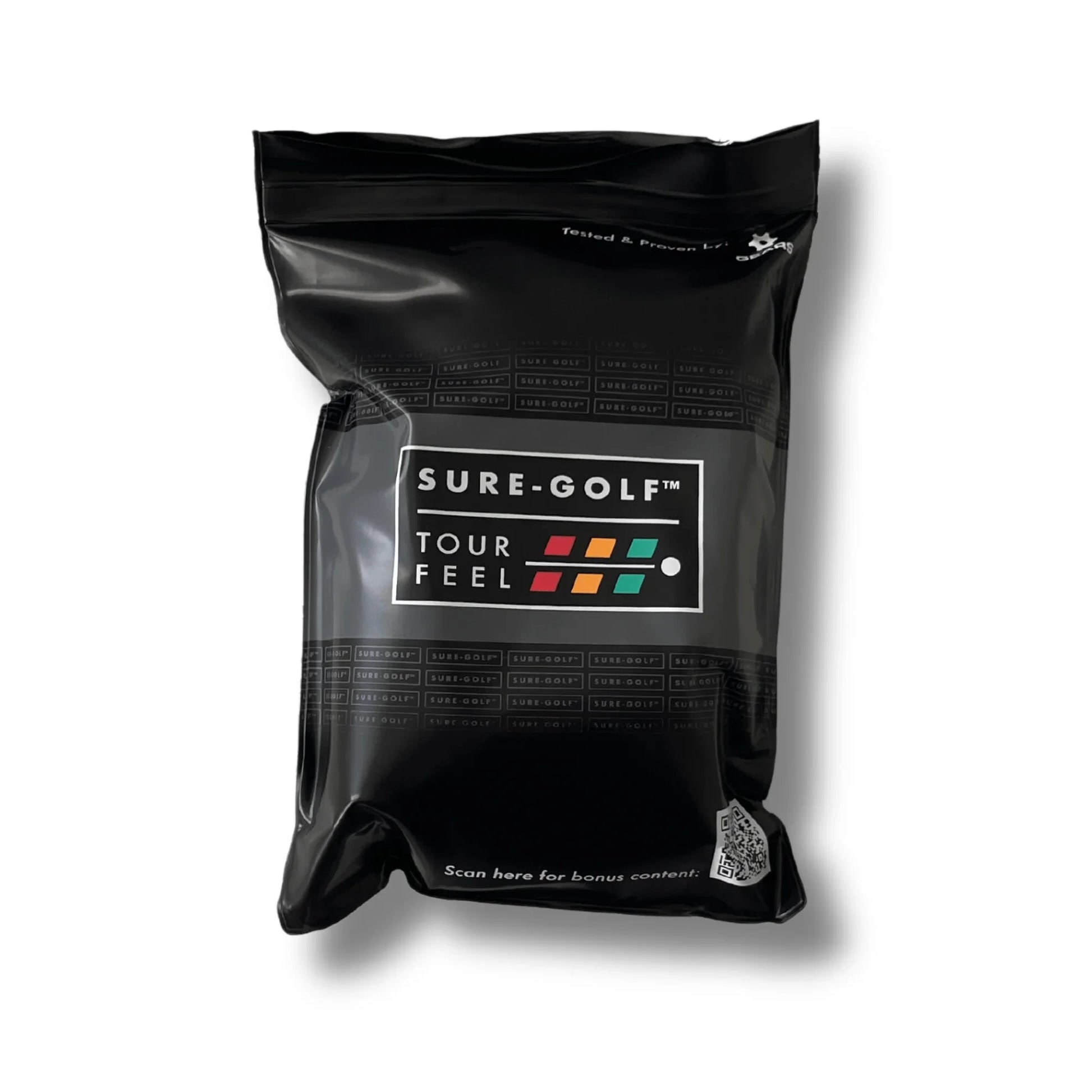 Sure-Golf Tour Feel swing trainer in black resealable bag with colorful logo and QR code
