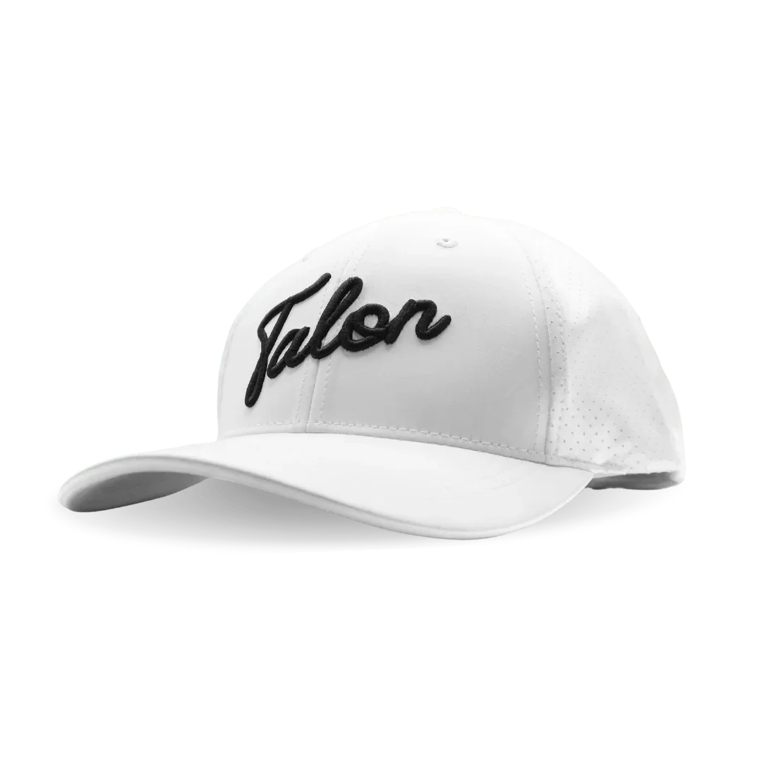 White baseball cap with black embroidered script logo 'Talon' and perforated side panels