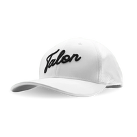 White baseball cap with black embroidered script logo 'Talon' and perforated side panels